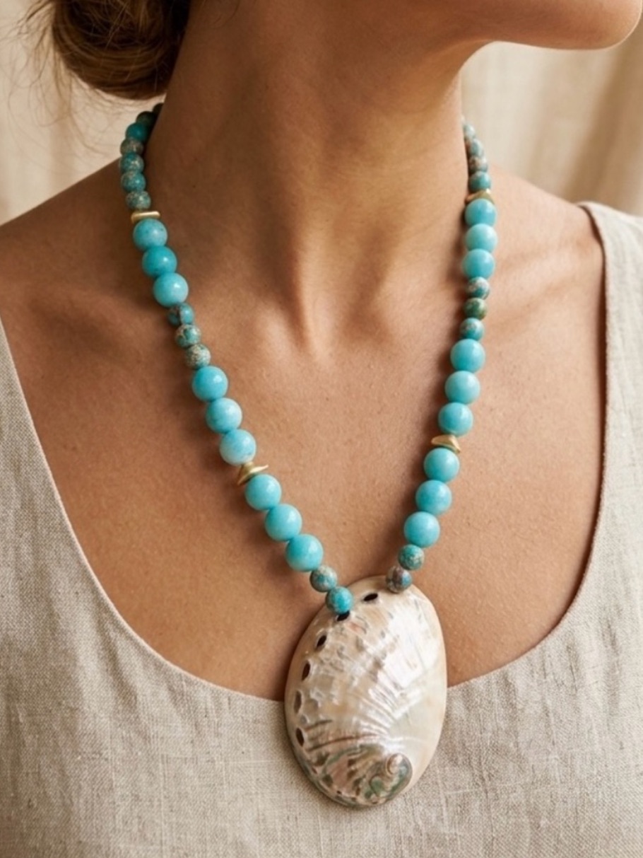 New Mary Kent Designs Turquoise, Blue Imperial Jasper, Abalone Shell Necklace